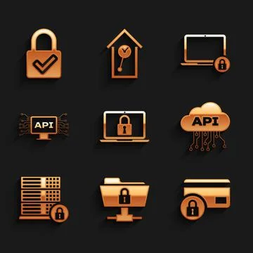 Set Laptop and lock, FTP folder, Credit card with, Cloud api interface, Server Illustrazione stock