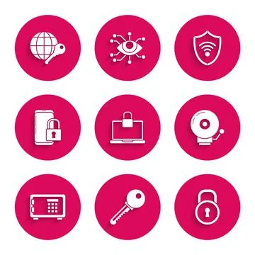 Set Laptop and lock, Key, Lock, Ringing alarm bell, Safe, Smartphone with closed Illustrazione stock