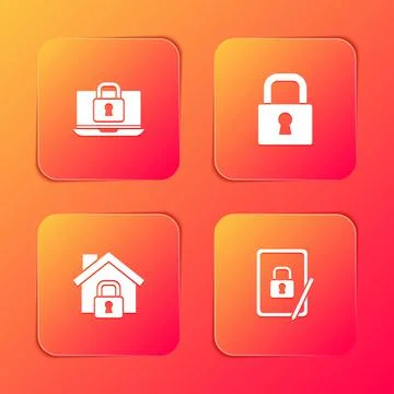 Set Laptop and lock, Lock, House under protection and Tablet with closed padlock Stock Illustration