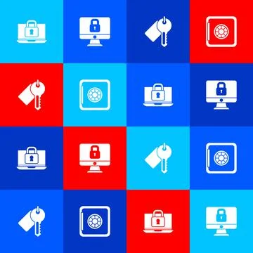 Set Laptop and lock, Lock on computer monitor, Marked key and Safe icon. Vector Stock-Illustration