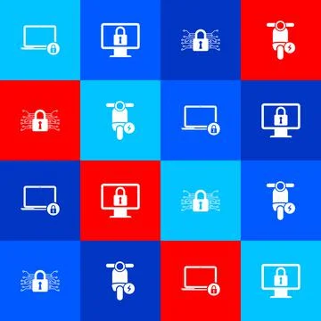 Set Laptop and lock, Lock on monitor, Cyber security and Electric scooter ico Stock Illustration