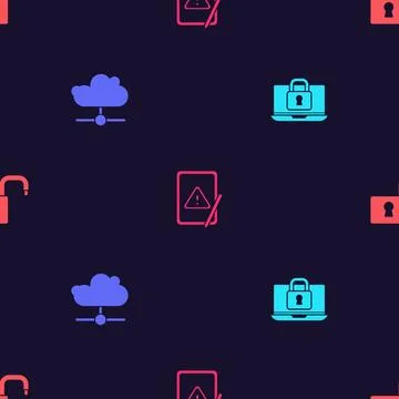 Set Laptop and lock, Network cloud connection, Tablet with exclamation mark and 스톡 일러스트