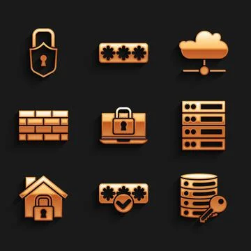 Set Laptop and lock, Password protection, Server security with key, Server, Data Illustrazione stock