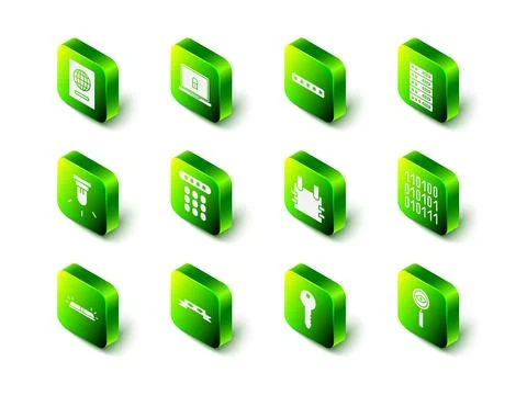 Set Laptop and lock, Password protection, Server, Data, Web Hosting, Binary code Stock Illustration