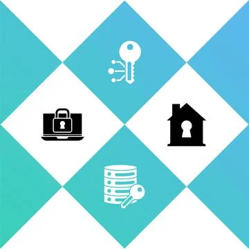Set Laptop and lock, Server security with key, Cryptocurrency and House under 스톡 일러스트