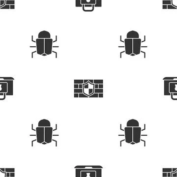 Set Laptop and lock, Shield with brick wall and System bug on seamless pattern Stock-Illustration