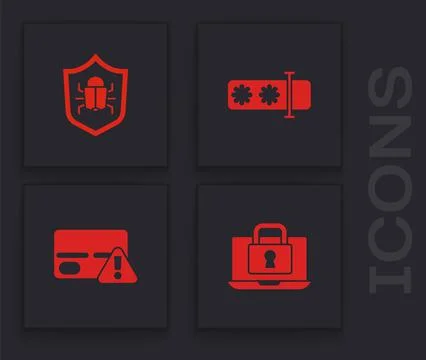 Set Laptop and lock, System bug, Password protection and Credit card icon. Ve Stock Illustration