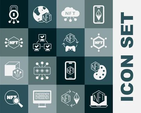 Set Laptop with art store app, NFT Digital crypto, blockchain technology, c.. Stock Illustration