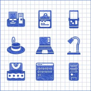 Set Laptop, Binary code, Computer, Table lamp, Waistcoat, Man hat, Tetris and Illustrazione stock