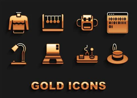 Set Laptop, Binary code, Man hat, Gamepad, Table lamp, School backpack, Sweater Stock Illustration