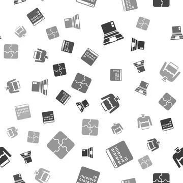 Set Laptop, Binary code, Sweater and Piece of puzzle on seamless pattern. Vector Stock Illustration
