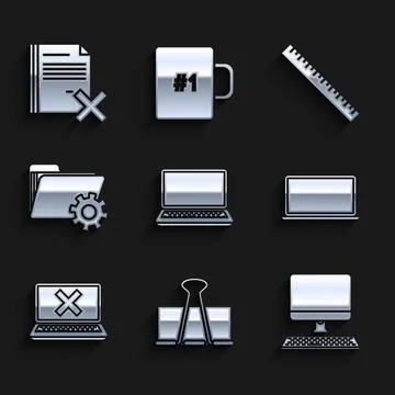 Set Laptop, Binder clip, Computer monitor with keyboard, and cross mark screen 스톡 일러스트