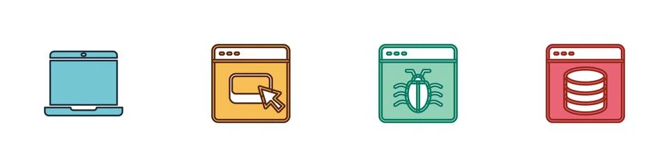 Set Laptop, Browser files, System bug and Server, Data, Web Hosting icon. Vector 스톡 일러스트