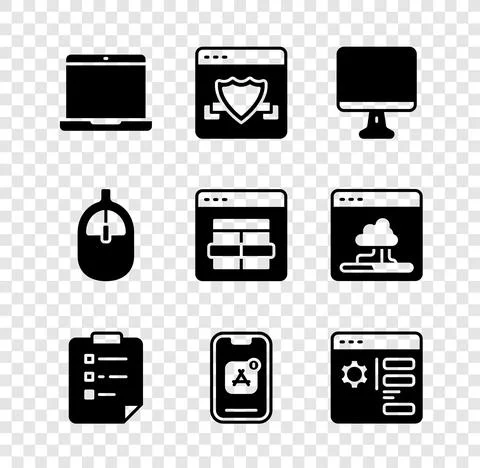Set Laptop, Browser with shield, Computer monitor screen, Clipboard checklist Stock Illustration