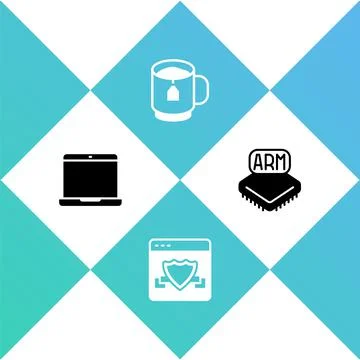 Set Laptop, Browser with shield, Cup of tea tea bag and Processor icon. Vector Stock Illustration