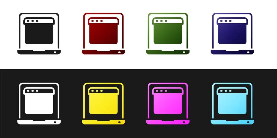 Set Laptop with browser window icon isolated on black and white background Stock Illustration