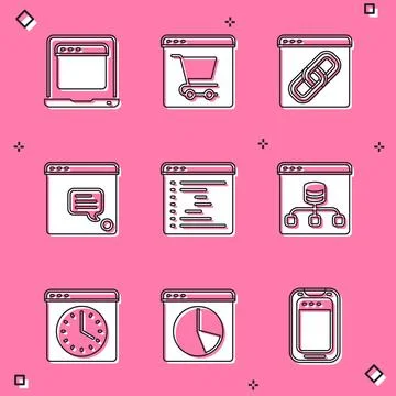 Set Laptop with browser window, Online shopping on screen, Browser, New chat Stock Illustration