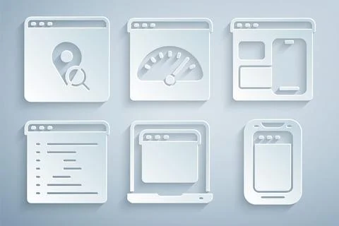 Set Laptop with browser window, Web developer programming code, Browser, Mobi Illustrazione stock