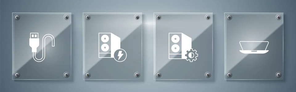 Set Laptop, Case of computer, and USB cable cord. Square glass panels. Vector 스톡 일러스트
