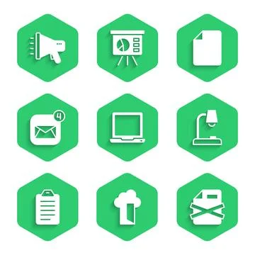 Set Laptop, Cloud database, Delete file document, Table lamp, To list or Illustrazione stock