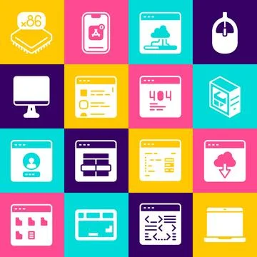 Set Laptop, Cloud technology data transfer, Computer, Browser files, monito.. Stock Illustration