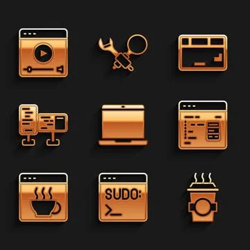 Set Laptop, Code terminal, Coffee cup go, Software, Computer monitor screen Stock Illustration