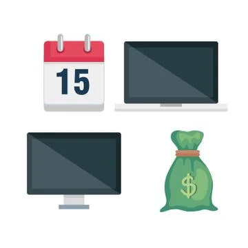 Set laptop with computer and money bag Illustrazione stock