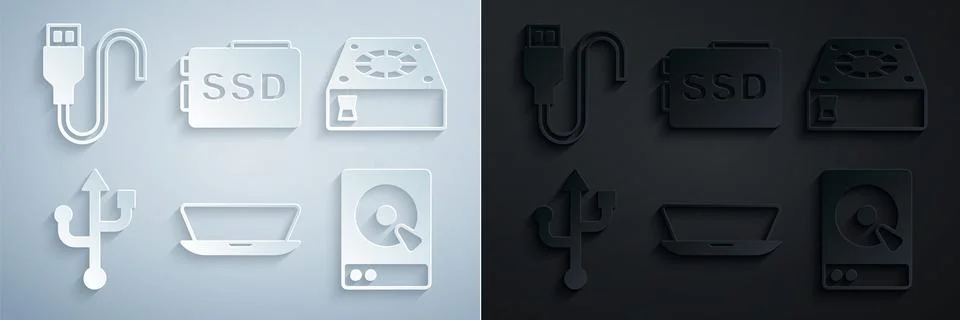 Set Laptop, Computer cooler, USB, Hard disk drive HDD, SSD card and cable cord Illustrazione stock