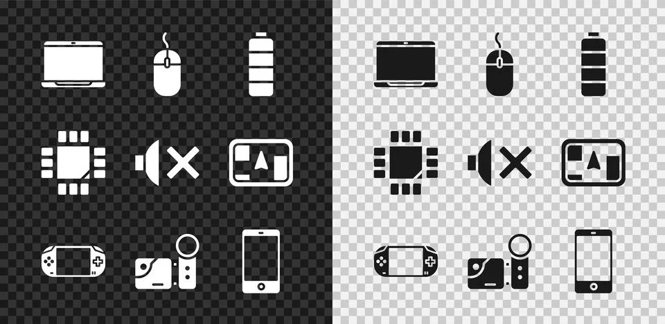 Set Laptop, Computer mouse, Battery charge level indicator, Portable video game Stock Illustration