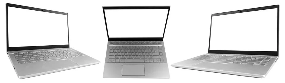 Set of Laptop computer PC with blank screen mock up isolated on white backg.. Foto stock
