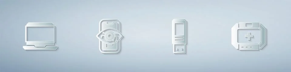 Set Laptop, Computer vision, USB flash drive and First aid kit. Paper art style Stock Illustration