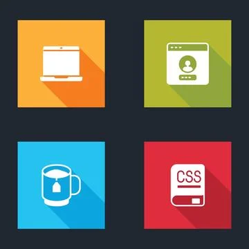 Set Laptop, Create account screen, Cup of tea with tea bag and Books about Stock-Illustration