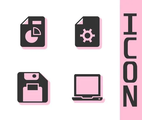 Set Laptop, Document with graph chart, Floppy disk and settings icon. Vector 스톡 일러스트