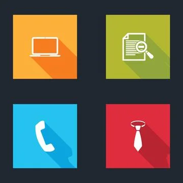 Set Laptop, Document with search, Telephone handset and Tie icon. Vector Stock Illustration