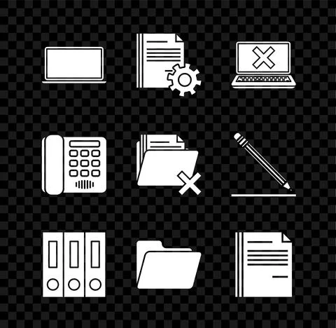 Set Laptop, Document settings with gears, and cross mark on screen, Office Stock Illustration
