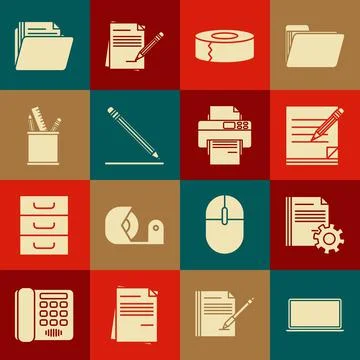 Set Laptop, Document settings with gears, Blank notebook and pencil eraser Stock Illustration