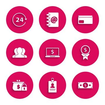 Set Laptop with dollar symbol, Identification badge, Stacks paper money cash 스톡 일러스트