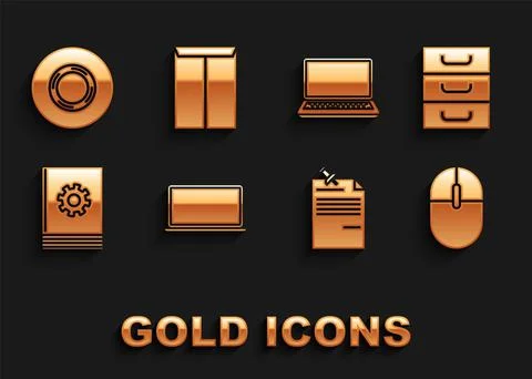 Set Laptop, Drawer with documents, Computer mouse, Note paper pinned pushbutt Stock Illustration