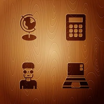 Set Laptop, Earth globe, Nerd geek and Calculator on wooden background. Vector Illustrazione stock