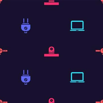 Set Laptop, Electric plug, Security camera and Wrist watch on seamless pattern Stock Illustration