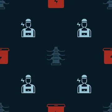 Set Laptop, Electric tower line and Electrician on seamless pattern. Vector イラスト素材