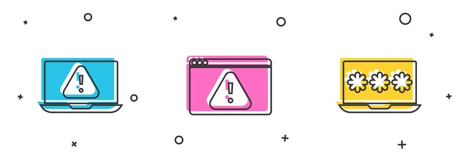 Set Laptop with exclamation mark, Browser and password icon. Vector Stock Illustration