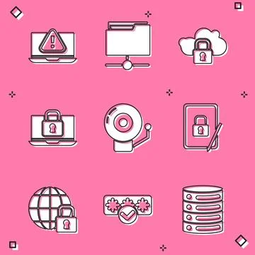 Set Laptop with exclamation mark, FTP folder, Cloud computing lock, and, Ri.. イラスト素材