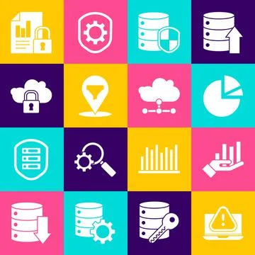 Set Laptop with exclamation mark, Pie chart infographic, Server shield, Location Stock Illustration