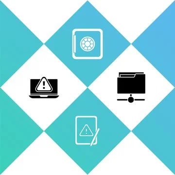Set Laptop with exclamation mark, Tablet, Safe and FTP folder icon. Vector Stock Illustration