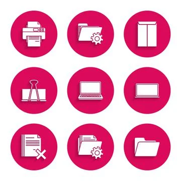 Set Laptop, Folder settings with gears, Document folder, Delete file document 스톡 일러스트