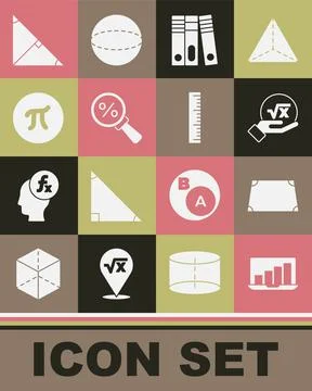 Set Laptop with graph chart, Acute trapezoid shape, Square root of x glyph Stock Illustration