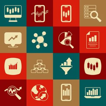 Set Laptop with graph chart, Browser stocks market, Document, Mobile trading, Illustrazione stock