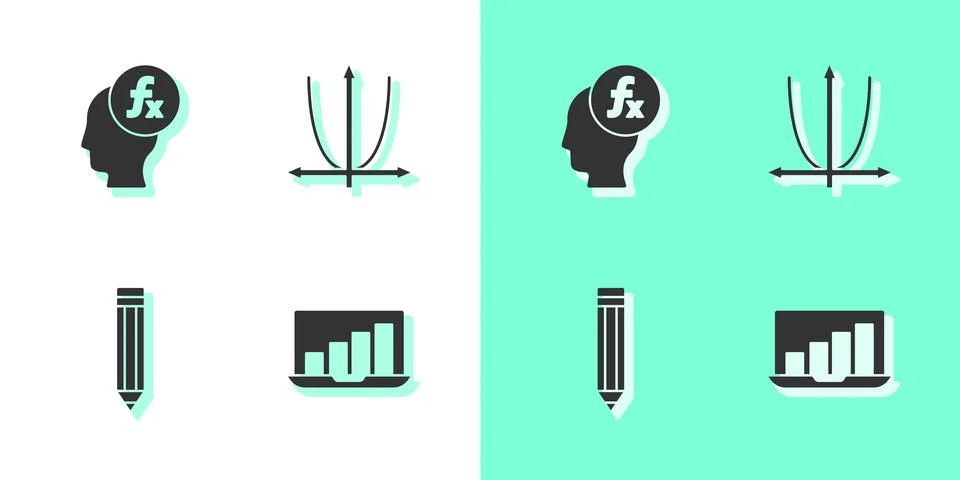 Set Laptop with graph chart, Function mathematical symbol, Pencil and Graph,  Illustrazione stock