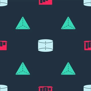 Set Laptop with graph chart, Geometric figure Cylinder and Tetrahedron on Stock Illustration